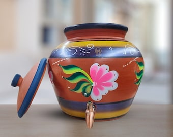 Handmade Clay Water Pot: Earthen Red, Floral Design, with Metal Tap