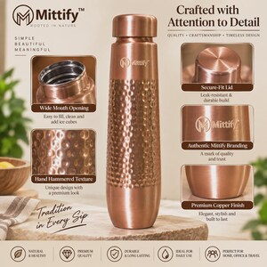 May include: A copper water bottle with a hand-hammered texture on the body and a smooth, cylindrical cap. The bottle features the Mittify logo and branding. The image includes text labels highlighting a wide mouth opening and a secure-fit lid.