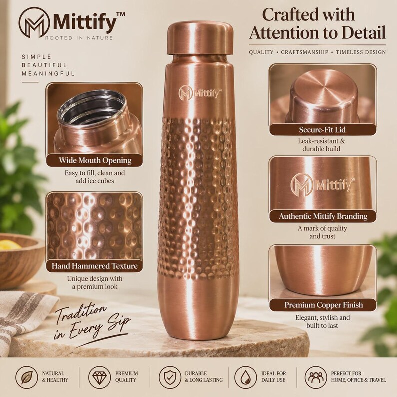 May include: A copper water bottle with a hand-hammered texture on the body and a smooth, cylindrical cap. The bottle features the Mittify logo and branding. The image includes text labels highlighting a wide mouth opening and a secure-fit lid.
