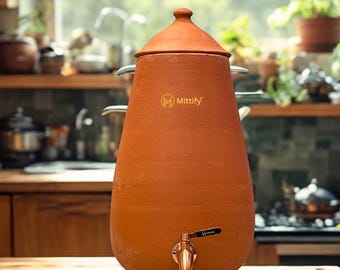 Terracotta Clay Water Pot with Tap | 13L Cone Shape Earthenware Dispenser | Natural Cooling