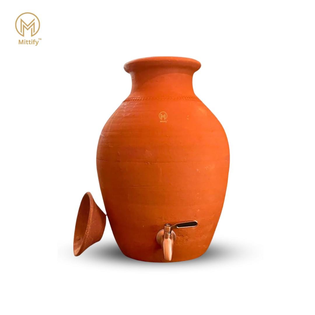 Red Clay Water Pot With Metal Tap | 11L Earthenware Dispenser