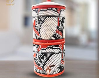 Mittify 20L Earthen Clay Water Filter Pot with Metal Tap | Harp Design Terracotta Dispenser