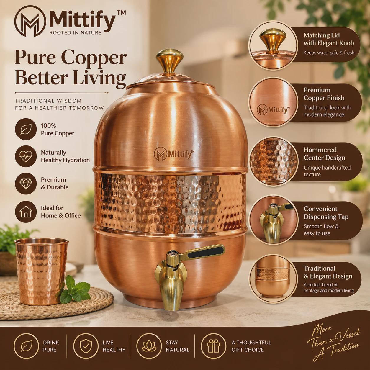 Pure Copper Water Dispenser, Hand Hammered Copper Dispenser