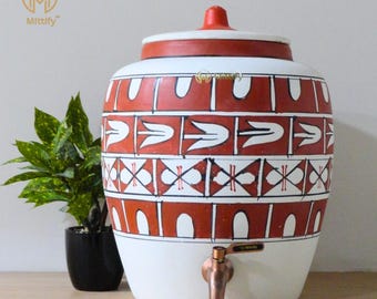 White Clay Water Pot Dispenser | 11L Cross Design Earthenware with Metal Tap
