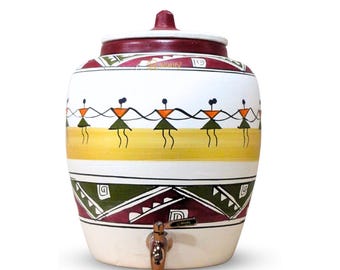 Handmade Clay Water Pot with Dancing Doll Design, Indian Dispenser (11 Liters)