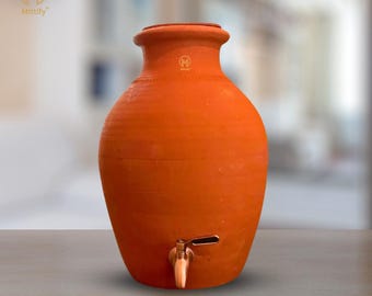 Red Clay Water Pot with Metal Tap | 11L Earthenware Dispenser, Natural Cooling Terracotta