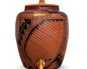 Handmade Earthen Clay Water Pot, Harp Design, Metal Tap, 11 Liters