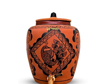 Handmade Clay Water Pot, Earthen Red, Peacock Design, 11 Liters