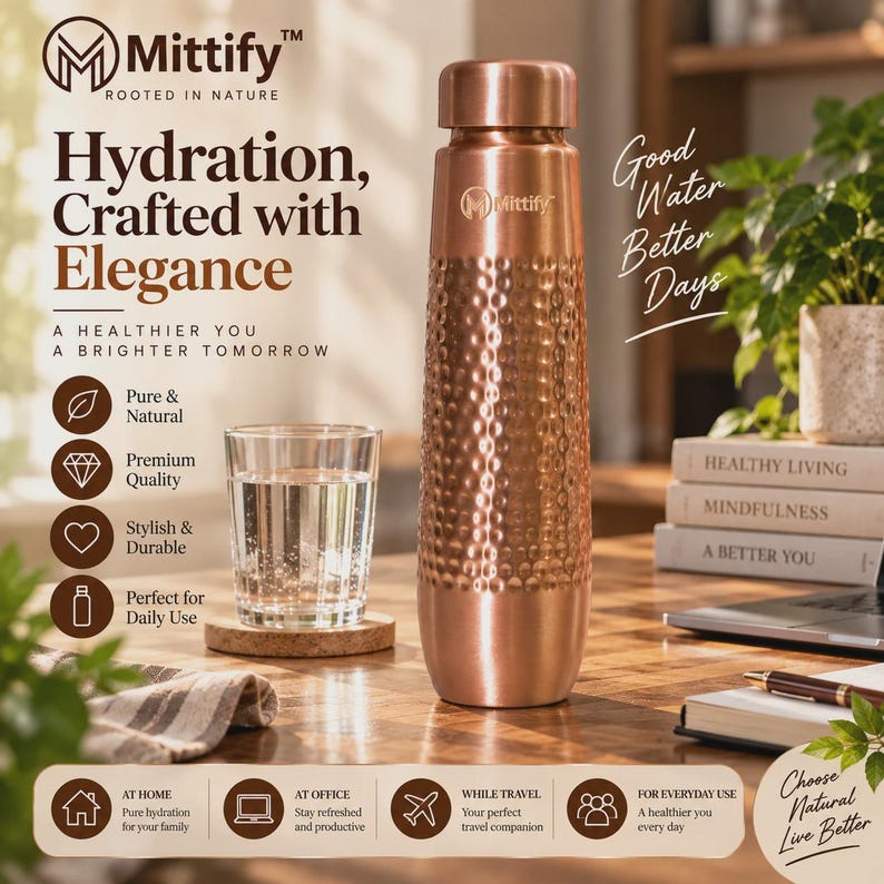 May include: A copper-colored metal water bottle with a hammered texture on the lower body and a smooth neck and cap. The bottle features the Mittify logo. Next to it sits a clear glass filled with water on a round cork coaster.