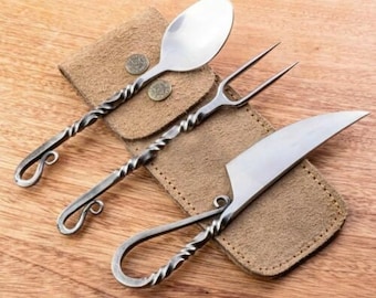 Cutlery set of 3 Pcs. Hand Forged Polished without Leather Sheath Pouch