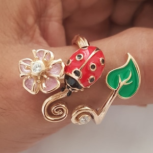 18k Gold gefüllter Marienkäfer Ring: Emaille Anhänger, Cognac Bernstein