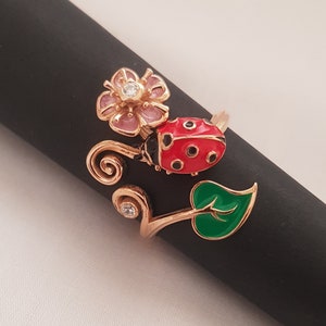 18k gold filled Cute Ladybug Ring, Cognac Baltic Amber ,Small Ladybird Gift Gemstone Charm Jewellery enamel Ring Daughter Niece Girlfriend