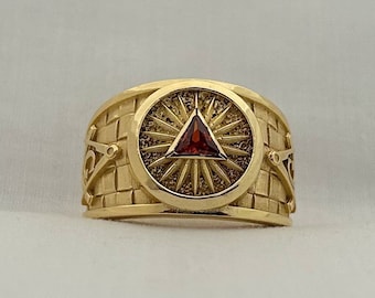 Handmade 14k Gold Filled Masonic Ring: Sterling Silver Red Garnet