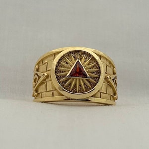 14k gold filled Handmade Master Mason diamonds Ring, Masonic Ring, Freemason  red garnet ring, 925 sterling silver ring.