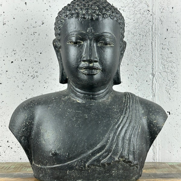 Bali Möbel Buddha Büste Steinfigur - handgefertigte Stein Skulptur, für Innen und Außen, ideal als Garten Deko, Frost- und wetterfest