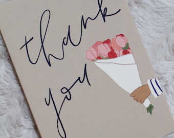 Thank You Luxury Greeting Card - White Paper Floral Bouquet- Individual - A6 - Blank Inside