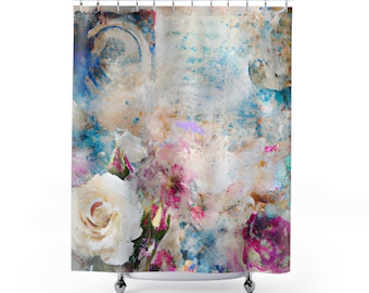 Shabby Chic - Blue Floral - Shower Curtain - Home Decor, Bathroom Decor 71"  x 74"