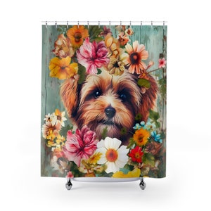 Watercolor - Yorkshire Terrier Puppy Yorkie Flowers  - Shower Curtain - Home Decor, Bathroom Decor 71&quot;  x 74&quot;