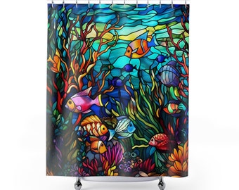 Gebrandschilderd glas onder de zee douchegordijn - woondecoratie, badkamerdecoratie, aquatisch