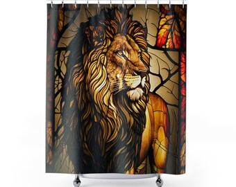 May include: A shower curtain with a detailed illustration of a lion's head. The lion has a golden mane and a regal expression, set against stylized trees and autumn leaves. The colour palette includes shades of brown, gold, and red, creating a stained-glass effect.