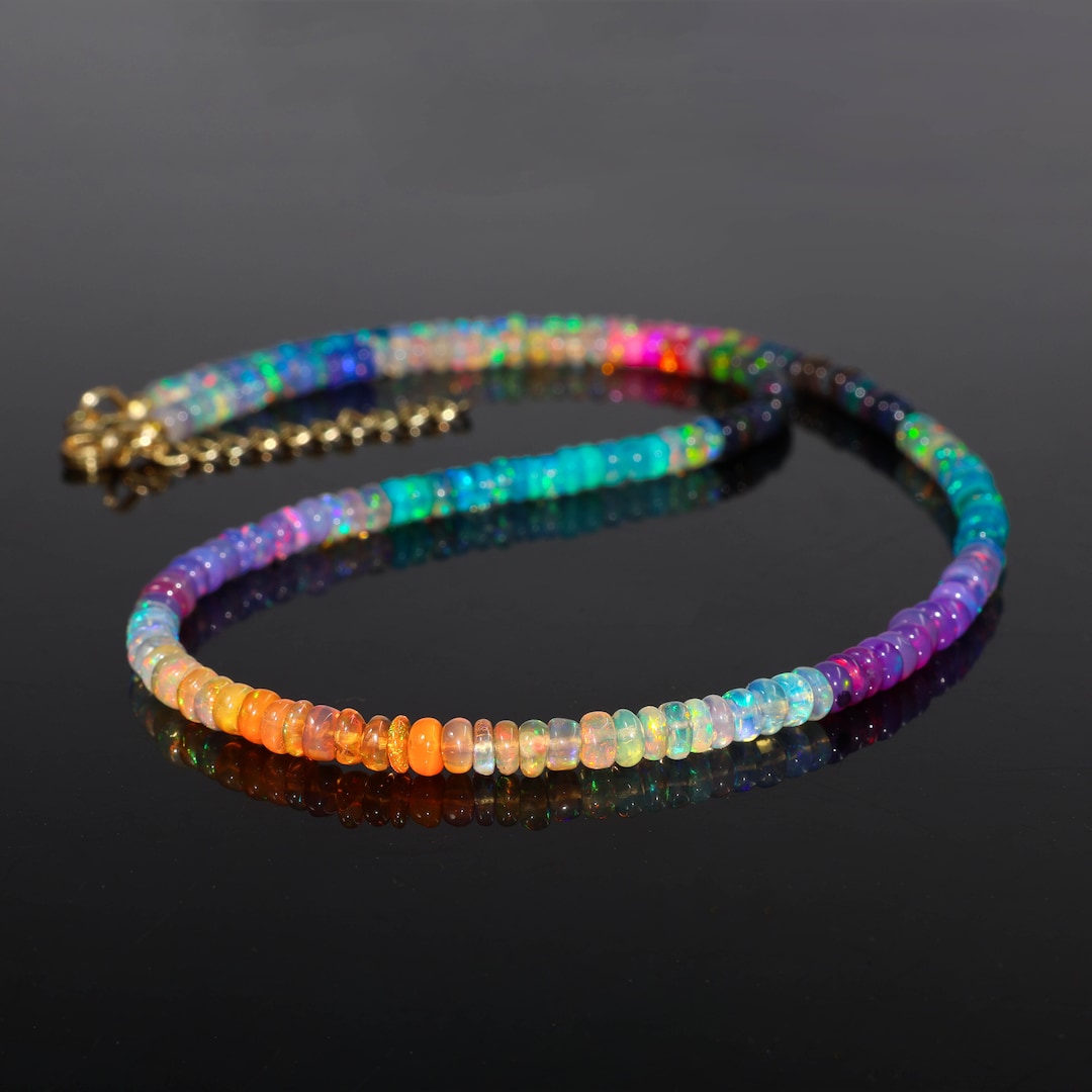 Multi Fire Opal Bead Necklace, Multi Color Opal Gemstone Necklace, Anniversary Gift for Wife, Multi Opal Gemstone Necklace, Christmas Gift