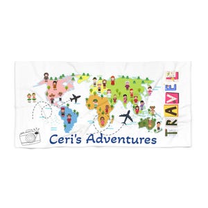 Toalha de praia personalizada com mapa-múndi, toalha grande personalizada para viajantes, presente Wanderlust, acessório de férias exclusivo, cobertor de praia com nome
