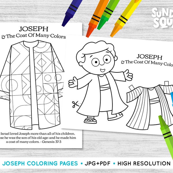 Printable Joseph and the Coat of Many Colors Set of 2 Coloring Pages Children Kids Sunday School Church Bible Printable Religious