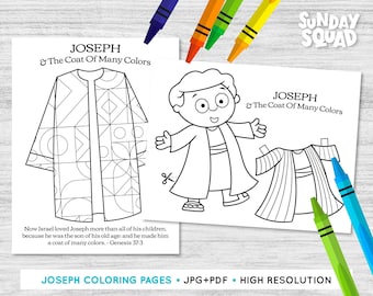 Giuseppe e il mantello dai molti colori stampabili Set di 2 pagine da colorare Bambini Bambini Scuola domenicale Chiesa Bibbia stampabile Religioso