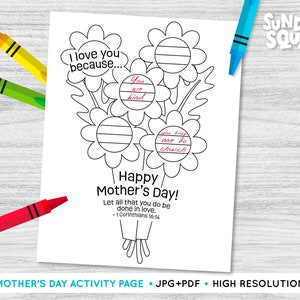 Página para colorear de actividades del Día de la Madre para imprimir para niños Escuela dominical Versículo bíblico de la iglesia Madre Abuela Tía Mamá