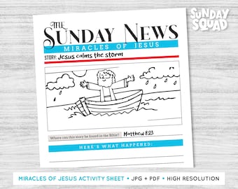 Printable Miracles of Jesus Activity Page Children Kids Sunday School Church Newspaper Sunday News Bible Stories