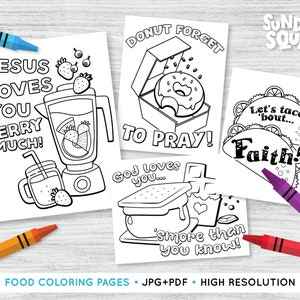 Druckbare christliche Lebensmittel Malseiten Set von 4 Designs Glaube Liebe Kinder Sonntag Schule Kirche Bibel Printable Jesus liebt dich Gott liebt dich