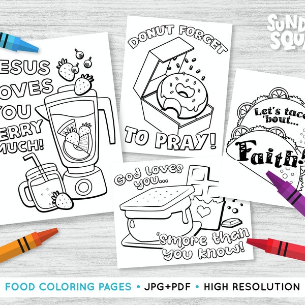 Printable Christian Food Coloring Pages Set of 4 Designs Faith Love Kids Sunday School Church Bible Printable Jesus Loves You God Loves You