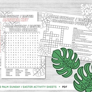 May include: Two Palm Sunday and Easter activity sheets with a word search, crossword puzzle, and answer key. The sheets are black and white with text and illustrations of palm leaves. The text includes "Palm Sunday / Easter" and "Sunday Squad".