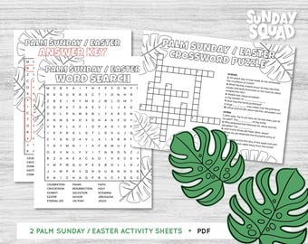 Sopa de letras y crucigramas imprimibles para el Domingo de Pascua/Domingo de Ramos para niños, escuela dominical, iglesia, Biblia, hojas de actividades festivas imprimibles