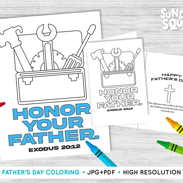 Printable Father's Day Coloring Page and Card Children Kids Sunday School Church Bible Verse Religious Printable Holiday Father Dad Honor