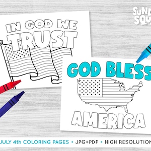 Lot de 2 pages à colorier imprimables du 4 juillet pour enfants, école du dimanche, église, verset biblique religieux à imprimer, fête de l'indépendance