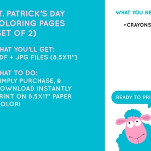 Op de afbeelding: Twee printbare kleurplaten voor St. Patrick's Day met een schattig cartoon-schaap. De pagina's zijn ontworpen voor papier van 8,5 x 11 inch en bevatten instructies om te kopen, te downloaden, te printen en in te kleuren.