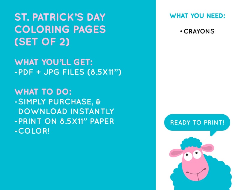 Op de afbeelding: Twee printbare kleurplaten voor St. Patrick's Day met een schattig cartoon-schaap. De pagina's zijn ontworpen voor papier van 8,5 x 11 inch en bevatten instructies om te kopen, te downloaden, te printen en in te kleuren.