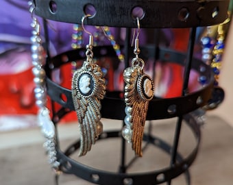 Portrait and Angel Wing Charm Earrings