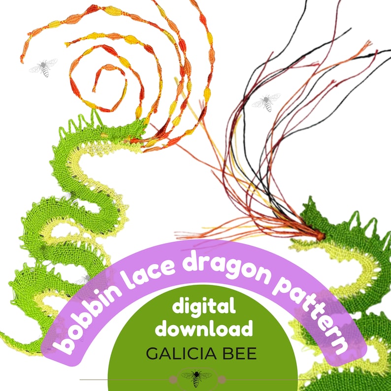 May include: A digital download pattern for a bobbin lace dragon. The pattern is shown in green, yellow, orange, and red thread. The text on the image reads "bobbin lace dragon pattern digital download GALICIA BEE".