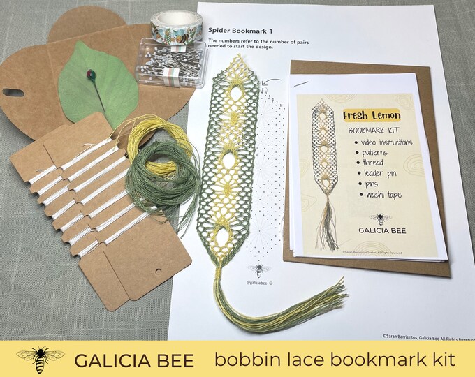Bobbin Lace Bookmark KIT, LEMON Yellow and Green Theme, Beginner Bobbin