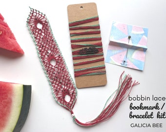 WATERMELON KIT, bobbin lace bookmark friendship bracelet kit with premeasured pre-beaded threads and hand painted watermelon leader pin