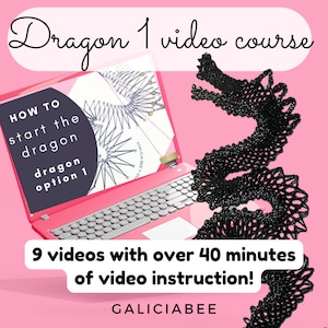 May include: A pink laptop computer with a white screen displaying a diagram of a dragon stitch pattern. The text on the screen reads "HOW TO start the dragon dragon option 1" and "GALICIA BEE". The laptop is on a pink background with a black crocheted dragon design in the background. The text "Dragon 1 video course" is at the top of the image. The text "9 videos with over 40 minutes of video instruction!" is below the laptop. The text "GALICIABEE" is at the bottom of the image.
