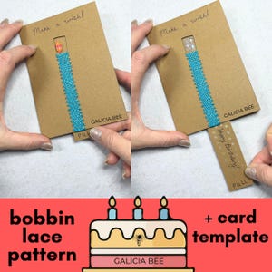 May include: A handmade birthday card with a pull tab, featuring a blue ribbon and the text "Happy Birthday!". The card is brown with the words "Make a wish!" at the top. The card also has a bobbin lace pattern and a card template.