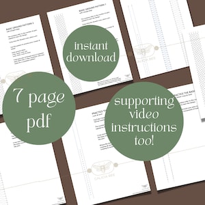 May include: A green circle with the text "7 page pdf" on a brown background. There are four white pages with text and images. The text on the pages includes "Basic Ground Pattern 1", "Basic Ground Pattern 2", "Practice the Cross & Twist", "Practice the Basic Stitch", "Instant Download", "Supporting Video Instructions Too!" and "Galicia Bee".