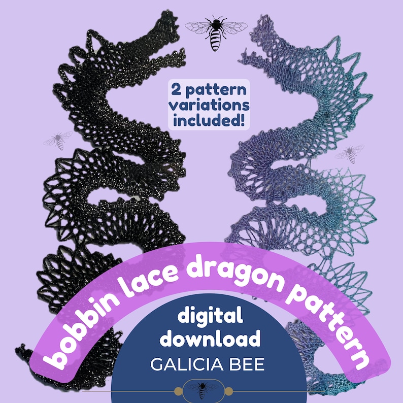May include: A digital download pattern for a bobbin lace dragon. The pattern includes two variations, one in black and one in blue and green. The pattern is available from Galicia Bee.