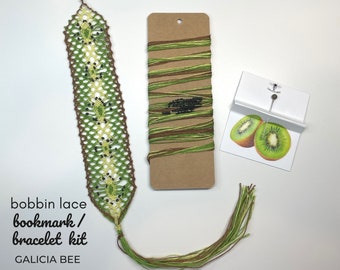 KIWI THREAD KIT, bobbin lace bookmark or friendship bracelet kit with premeasured and pre-beaded threads, and hand painted kiwi leader pin