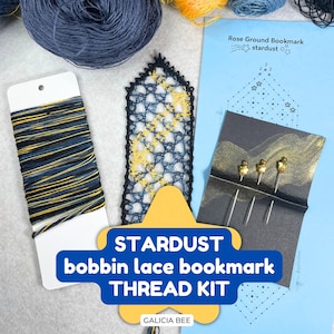 STARDUST Klöppel-Spitzenfaden KIT, Klöppel-Spitzen-Lesezeichen-Kit mit abgemessenen Leinenfäden, 1 Kartonmuster, 3 verzierte Stecknadeln, Bastelset