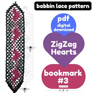 ZIGZAG HEARTS Klöppelspitze Lesezeichen und Band Klöppelbriefe, PDF Anleitungen zum Ausdrucken zu Hause, DIY Faserkunst Handwerk, Spitzenherstellung, Printables