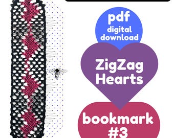 Patrón de marcapáginas de encaje de bolillos con corazones en zigzag, arte de fibra DIY (patrón PDF), confección de encaje, imprimible, con tutoriales en video